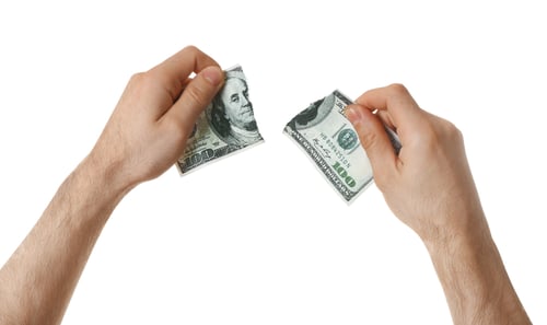Preview: Man with teared dollar bill on white background, closeup