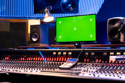 Preview: Mockup display on computer next to control desk soundboard