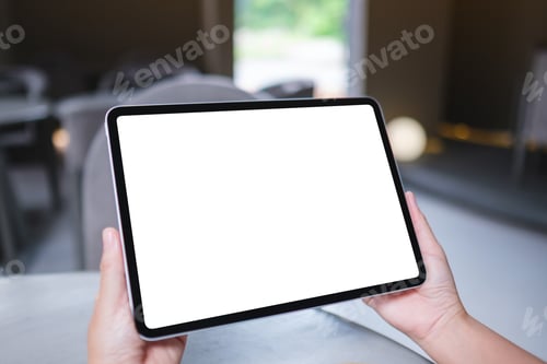 Preview: Mockup image of a woman holding digital tablet with blank white desktop screen
