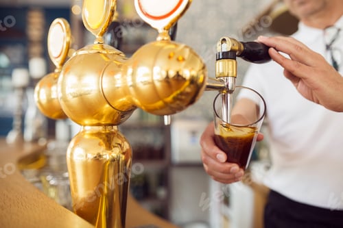 Preview: Bartender pouring a cold draught beer at the bar