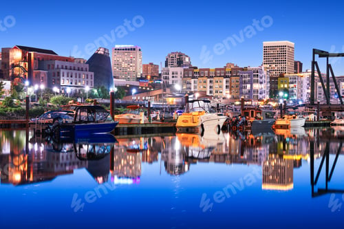 Preview: Tacoma, Washington, USA downtown skyline at dusk on Commencement Bay.