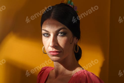 Preview: Flamenco dancer portrait with intense expression and traditional costume, showcasing passion