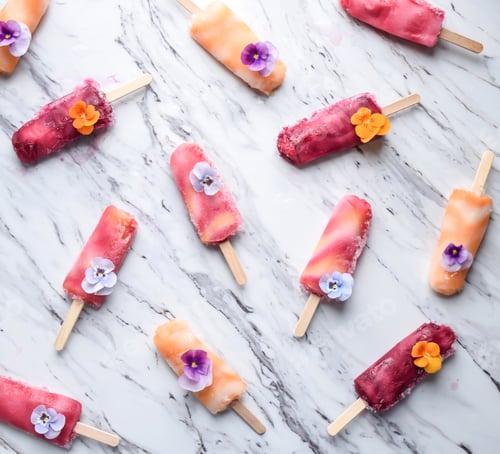 Preview: Bright a colorful popsicles with violet flowers on a marble countertop