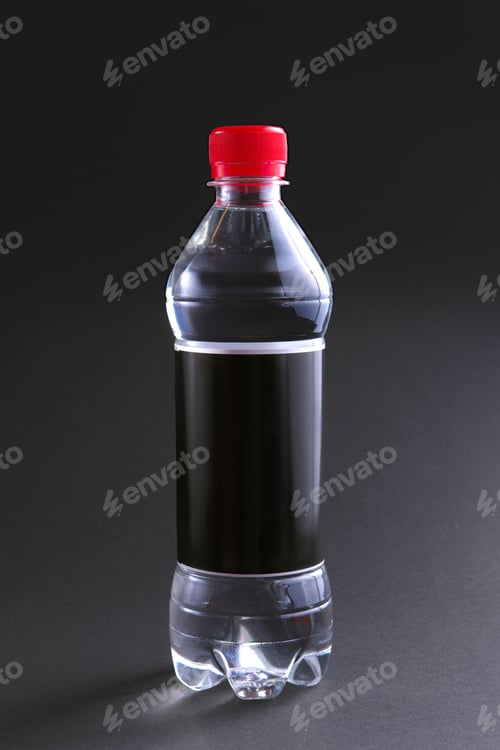 Preview: Plastic bottle of water with black label and red cap