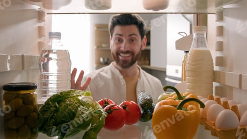 Preview: Point of view POV inside refrigerator happy excited hungry Caucasian man open fridge full of healthy