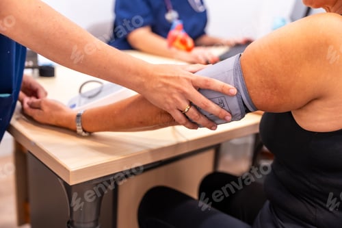 Preview: Nurse measuring the blood pressure to a woman patient