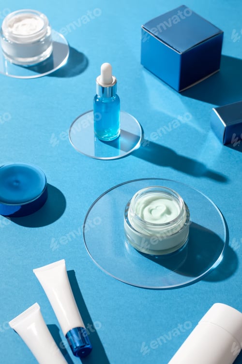 Preview: Skin care cosmetics protecting from gadgets blue light on blue background