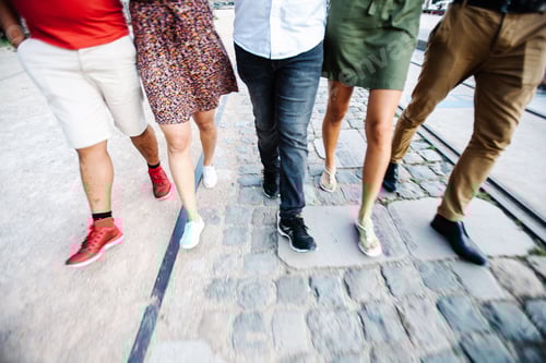 Visualização: Cinco amigos caminhando juntos