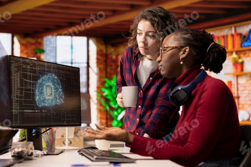 Preview: Programmer talking with coworker in AI startup office, doing brainstorming