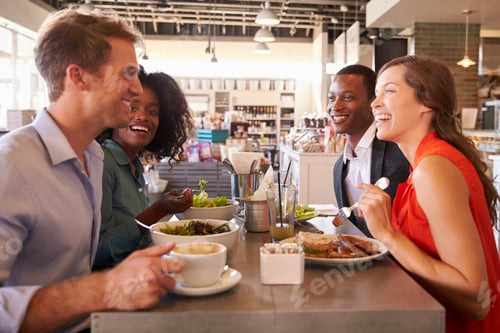 Preview: Group Enjoying Business Lunch In Delicatessen