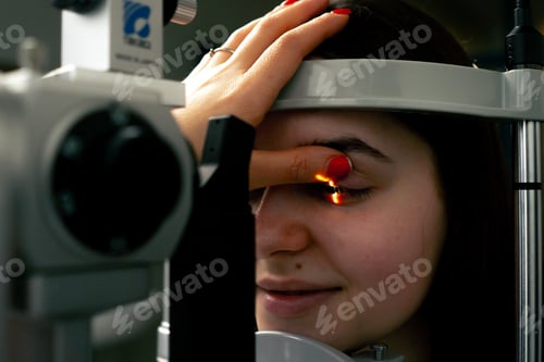 Preview: close up in an ophthalmology clinic young doctor diagnoses a young girl with a magnifying lens