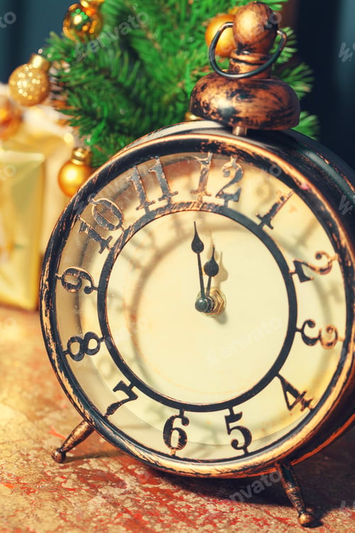 Preview: Composition with retro alarm clock and Christmas decoration