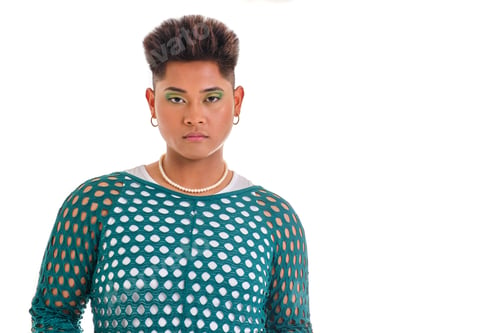 Preview: portrait of young gender non-binary asian person in green openwork shirt on pure white background
