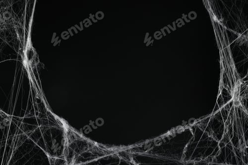 Preview: Creepy white cobweb on black background, space for text