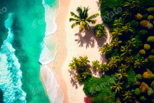 Preview: Drone view of tropical sand beach with palm trees and sea waves landscape.