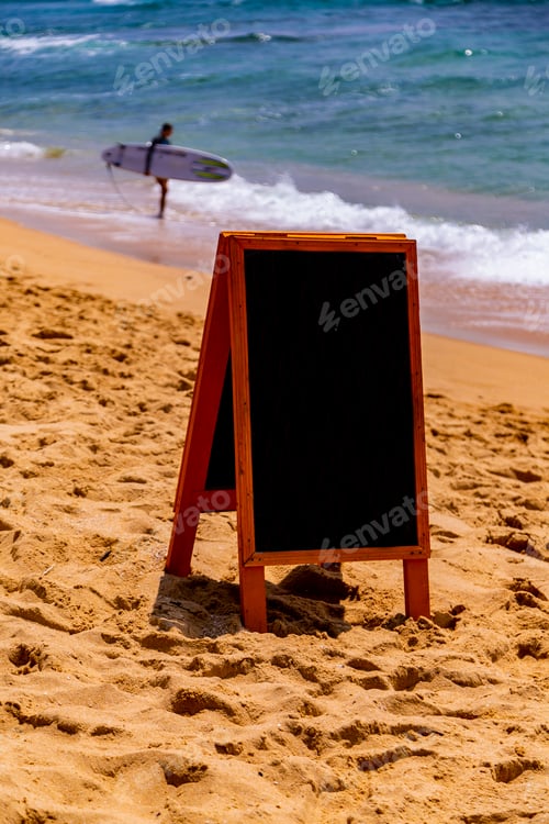 Preview: Chalk board for text, message or advertising on the sunny ocean beach