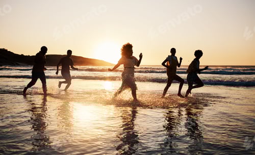 Preview: Sunset, beach and friends with freedom, running and having fun in water together on summer vacation