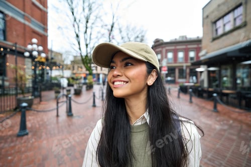 Preview: Happy pretty Asian teen girl standing outdoors looking away. Portrait.