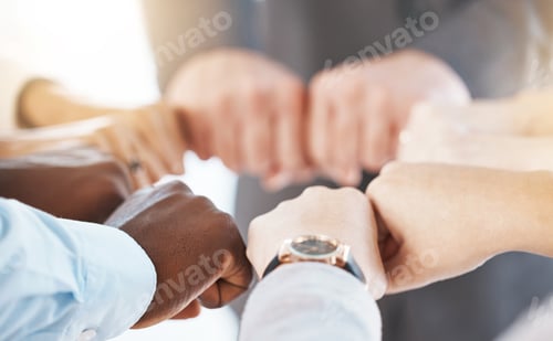Preview: Diversity business hands fist bump for teamwork, collaboration or solidarity in corporate workplace