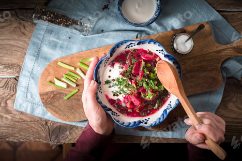 Preview: Eating borscht from ceramic plate top view