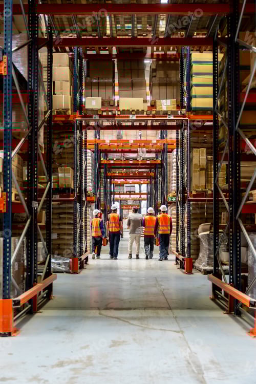 Preview: Workers in safety vests walking through logistics warehouse aisle