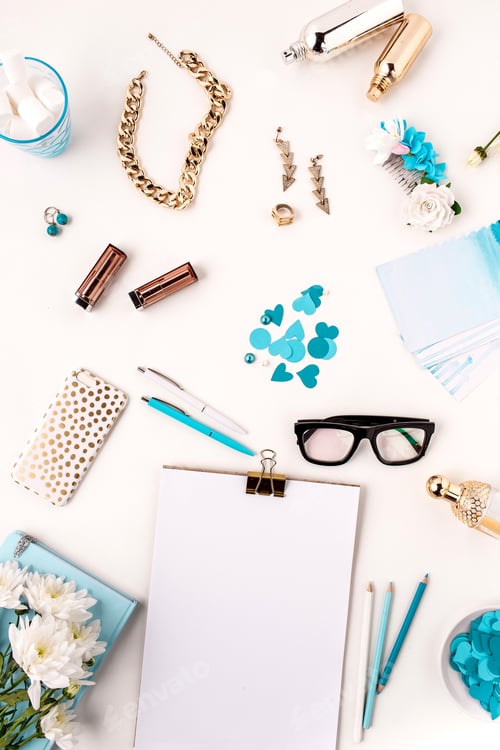 Preview: Still life of fashion woman, blue objects on white