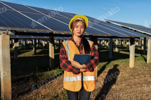 Preview: Maintenance engineer at greenery Solar farm at work hold tablet standing portrait to camera