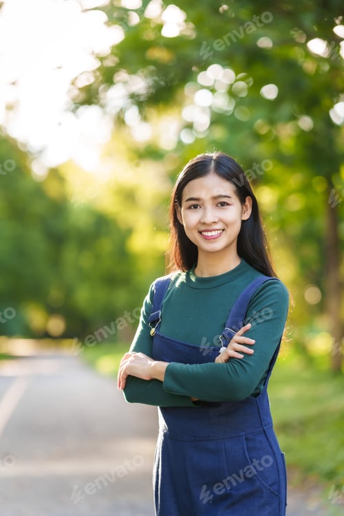 Preview: Happy young Asian woman people relaxing outdoors, Enjoy beauty nature find inner peace on a sunny