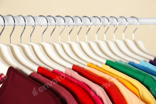 Preview: Colorful Clothes on Hangers in a Wardrobe