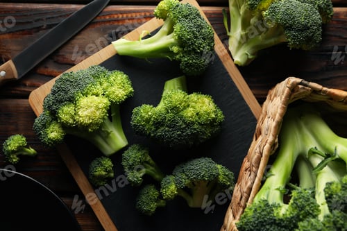 Preview: Board and basket with broccoli on wooden background, top view