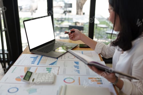 Preview: Business person or Accountant laptop with empty screen at office