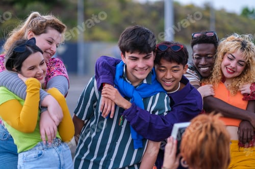 Preview: Group of teenagers enjoying lifestyle dressed in colors