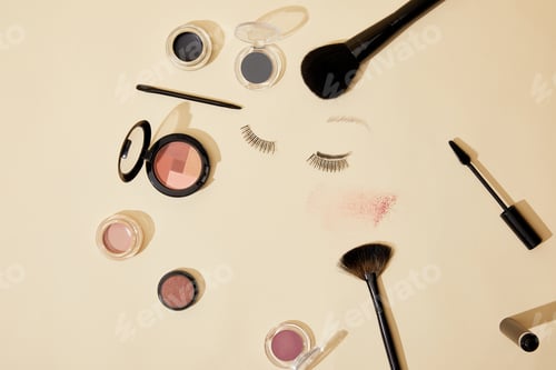 Preview: top view of various cosmetics lying on beige surface
