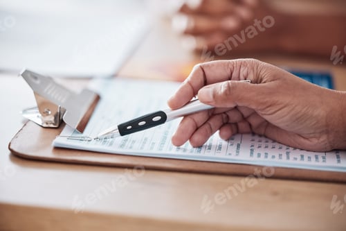Preview: Hands, checklist or doctor consulting a patient in meeting in hospital for medical data or healthca