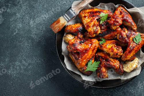 Preview: Baked chicken wings in barbecue sauce in a cast iron pan on an old wooden rustic table.