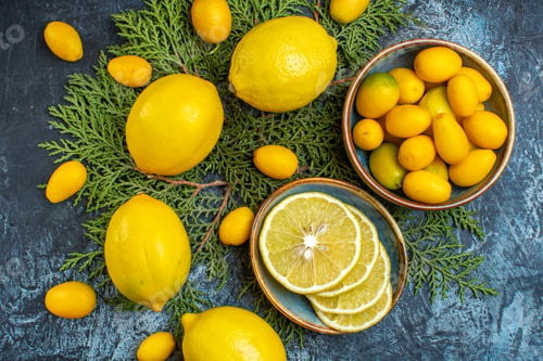 Preview: Top view of collection of cut and whole natural organic fresh citrus fruits on fir branches on dark