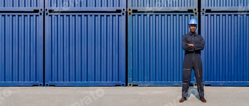 Preview: black african american man worker arm cross and work in freight cargo dock with container background