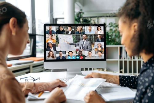 Preview: Online business meeting, brainstorm. View over the shoulders of two women to a computer screen with