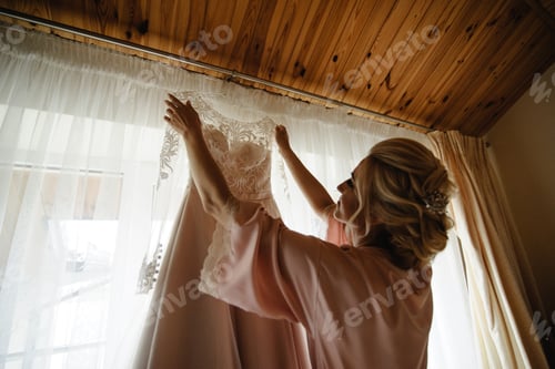 Preview: Young cute blonde bride looking at her wedding dress.