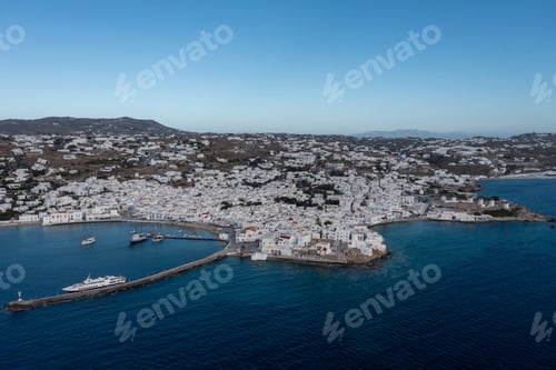 Preview: Greece, Mikonos island, Cyclades. Aerial drone view. Mikonos Chora whitewashed buildings cityscape