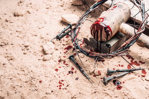 Preview: Good Friday, Passion of Jesus Christ. Crown of thorns, hammer, bloody nails on ground. Christian
