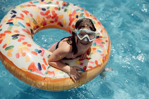 Preview: Girl wearing googles in a doughnut pool float swimming