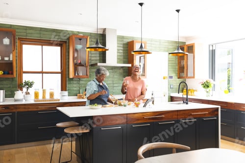 Preview: Senior African American woman and senior biracial woman are preparing food in a kitchen