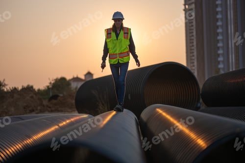 Preview: Construction surveyor or engineer working in pipe construction site