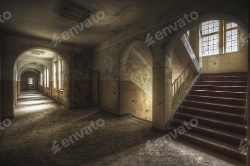 Preview: Beautiful shot of a hallway with stairs and windows in an old building