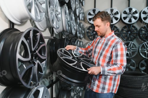 Preview: Portrait of tire technician selling new aluminum car rims