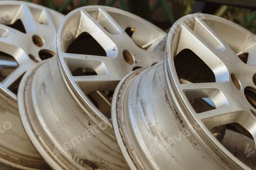 Preview: Old and dirty car rims in the backyard of the house.