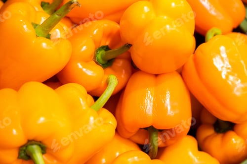 Preview: Macro of orange delicious sweet peppers pile. Salad ingridient or stewed dishes.