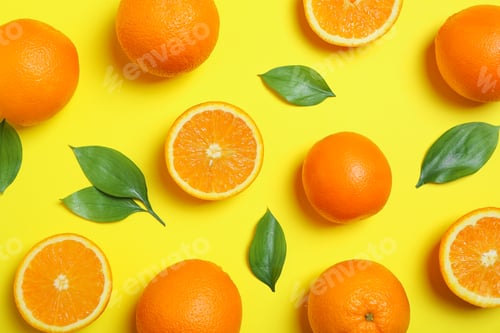 Preview: Flat lay composition with oranges and leaves on yellow background. Citrus food