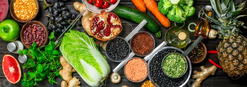 Preview: Organic food. Variety of healthy fruits and vegetables with legumes .